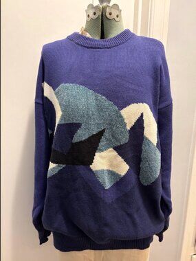 Vintage 80s Harry Rosen Purple Colourblock Graphic Heavy Cotton Sweater M
